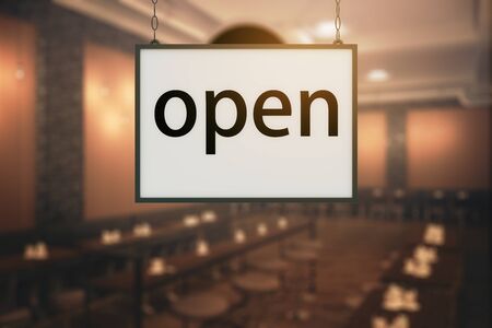 Modern blurry restaurant interior with hanging open sign. Working hours concept. 3D Renderingの写真素材