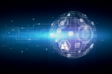 Futuristic digital business globe hologram. Technology, innovation and infograph concept. 3D Renderingの写真素材