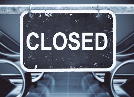 Grunge interior with closed signboard. Working hours concept. 3D Renderingの写真素材