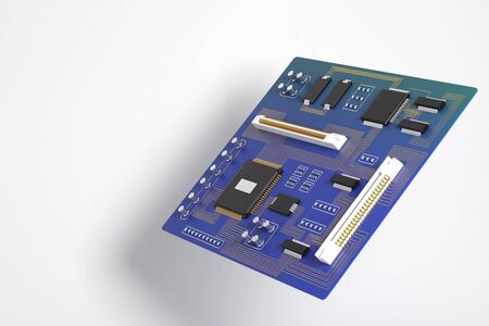 Side view of blue motherboard on white background. Technology, circuit, equipment, processor...