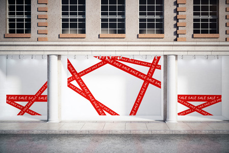 Glass storefront with sale tape and copy space. Advertising concept. 3D Renderingの写真素材