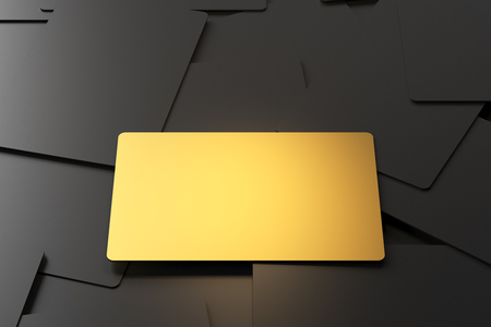 Empty yellow business cards on dark background. Information concept. Mock up, 3D Renderingの写真素材