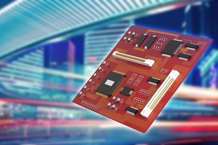 Side view of red motherboard on blurry city background. Technology, circuit, equipment, processor...