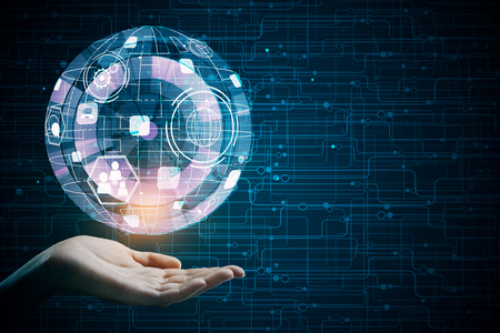 Hand holding abstract glowing global business projection. Technology, future and interface concept. 3D Renderingの写真素材