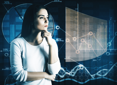 Side view of thoughtful young woman on abstract business screen background. Future concept. Double exposureの写真素材