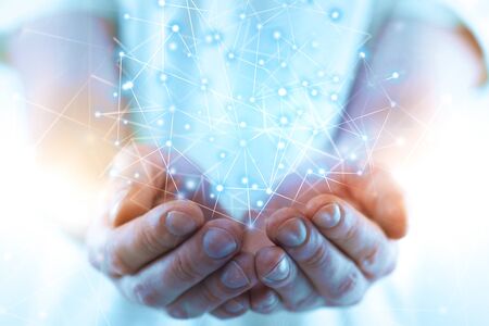 Male hands holding abstract polygonal connection hologram. Network concept
