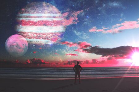 Businessman looking at beautiful sunset and space plantes background. Imagination concept.