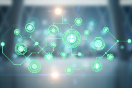 Business network hologram on blurry interior background. Networking concept. 3D Rendering