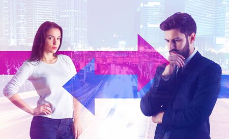 Young european businesspeople on abstract city background with arrows. Direction concept. Double...