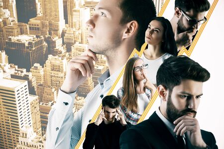 Thinking businessmen and women on city background. Teamwork concept