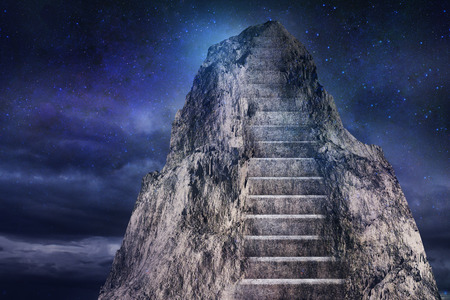Abstract mountain with stairs on dark sky background. Leadership conceptの写真素材