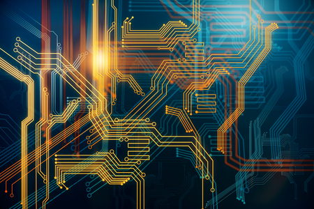 Abstract digital circuit background. Technology and computer hardware concept. 3D Rendering