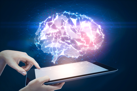 Hands holding tablet with abstract polygonal brain hologram. Artificial intelligence and science concept. 3D Renderingの写真素材
