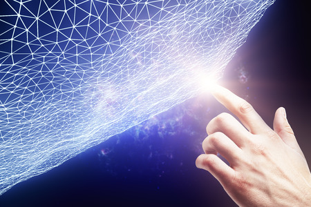 Hand pointing at abstract glowing polygonal mesh on blue space background. Innovation concept. 3D Renderingの写真素材