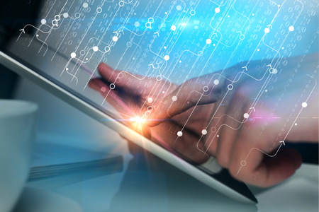 Businessman hands using tablet with digital interface. Innovation concept. 3D Rendering