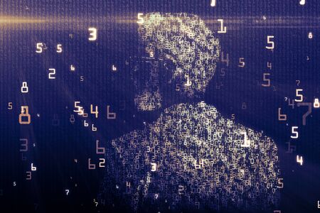 Abstract binary code man backdrop. Cyberspace and technology concept. 3D Rendering