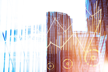 Abstract forex chart on city background. Finance concept. Double exposureの写真素材