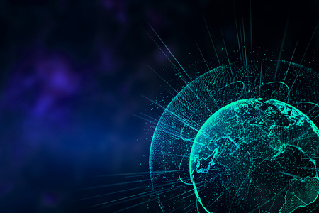 Abstract glowing blue polygonal globe backdrop. Science, global business concept. 3D Rendering