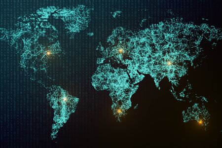 Abstract blue polygonal map background. Global business concept. 3D Rendering