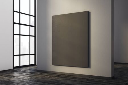 Modern concrete room interior with empty canvas and city view. Gallery, exhibition, advertising concept. Mock up, 3D Renderingの写真素材