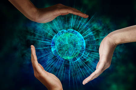 Hands holding abstract glowing polygonal globe. Environment protection concept. 3D Rendering