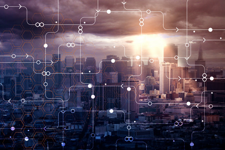 Abstract circuit city background with sunlight. Technology and inovation concept. Double exposure