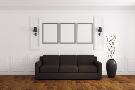 Contemporary white living room interior with empty poster, couch and decorative vase. Mock up, 3D...