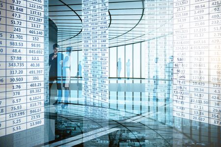 Businesspeople silhouettes in abstract index office interior with city view and reflections. Forex...