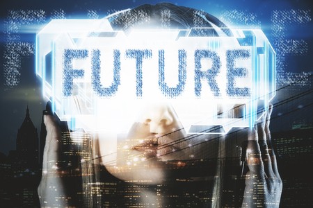 Close up portrait of attractive european female with VR glasses on city background. Virtual reality and cyberspace concept. Double exposureの写真素材