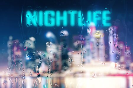 Abstract blurry night city background with rain drops on glass and text. Nightlife concept. 3D Renderingの写真素材