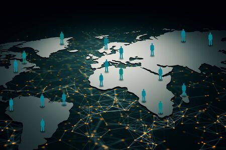 Abstract map with glowing polygonal mesh and people icons. Human resources concept. 3D Renderingの写真素材