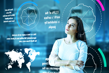 Abstract perspective of thougthful european woman looking at futuristic screen with environmental...