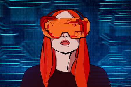 Abstract blue drawing of young woman with futuristic glasses on digital background. Virtual reality and computer concept. 3D Rendering の写真素材