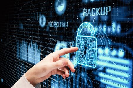 Side view of hand using abstract digital padlock interface. Technology and information concept. 3D...
