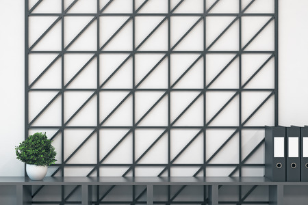 Close up of empty wireframe wall in office with document folders and decorative plant. Mock up, 3D Rendering の写真素材