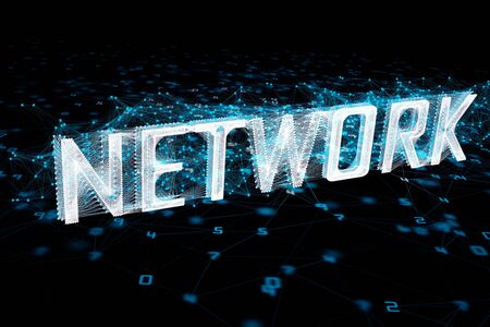 Abstract dark background with binary code and blue text. Innovation and network concept. 3D...
