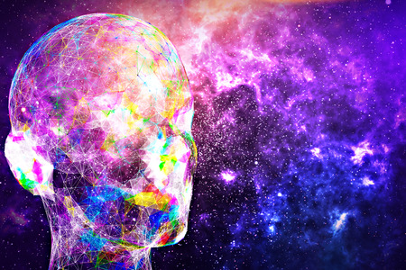 Abstract glowing polygonal head background with neurons. Artificial intelligence and creativity concept. 3D Rendering の写真素材