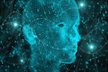 Abstract binary code human head background. Artificial intelligence and mind concept. 3D Rendering 