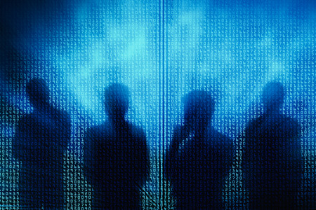 Abstract businesspeople silhouettes on glowing binary code background. Innovation, computing and robotics concept. 3D Rendering の写真素材