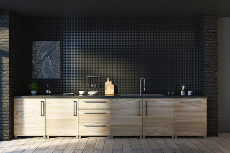 Creative loft black kitchen studio inteior with furniture and decorative objects. Living, residential, design and lifestyle concept. 3D Rendering の写真素材