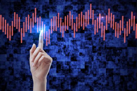 Female hand pointing at abstract forex chart on dark background. Economy and broker concept. 3D Rendering の写真素材