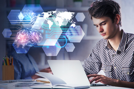 Side portrait of handsome young european businessman working on project at workplace with abstract brain hologram. Artificial intelligence and accounting concept. Double exposure の写真素材
