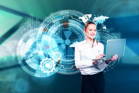 Portrait of attractive young european woman using laptop with digital business projection. HUD and media concept. 3D Rendering の写真素材