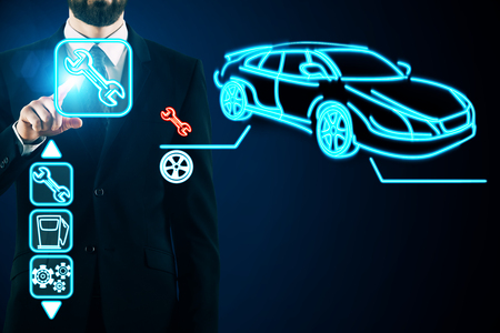 Unrecognizable businessman using abstract car service interface on blue background. Maintenance and mechanics concept. 3D Rendering の写真素材