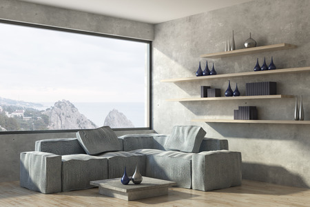 Contemporary living room with furniture and panoramic landscape view. 3D Rendering の写真素材