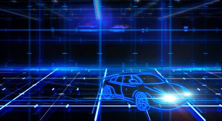 Glowing sports car on abstract grid background. Transport and vehicle concept. 3D Rendering の写真素材