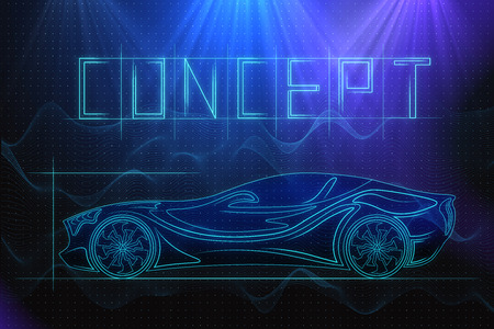 Digital car sketch on blue background. Mechanics and race concept. 3D Rendering の写真素材