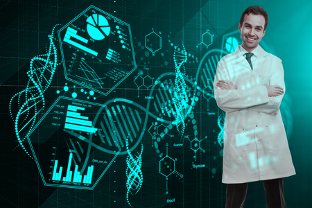 Smiling european male doctor with digital medical hologram. Medicine and future concept. Double exposure の写真素材