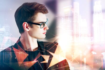 Side portrait of handsome young businessman on abstract city background with polygonal pattern and...