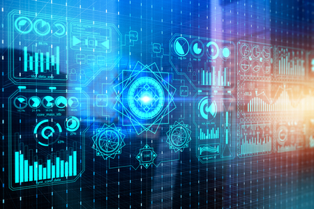 Digital business screen on blue background. Technology and future concept. Double exposure の写真素材